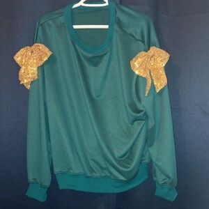 Elegant Forest Green Sweatshirt with Gold Sequin Bow Accents!! Never Worn!